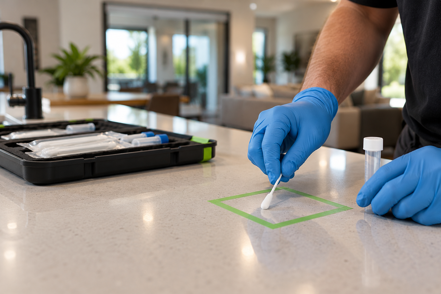 Illustration of a gloved technician taking a surface swab sample on a kitchen benchtop