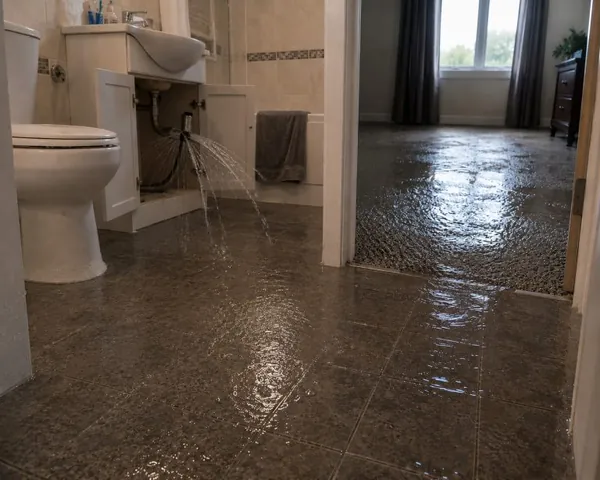 Standing water across a flooded bathroom floor